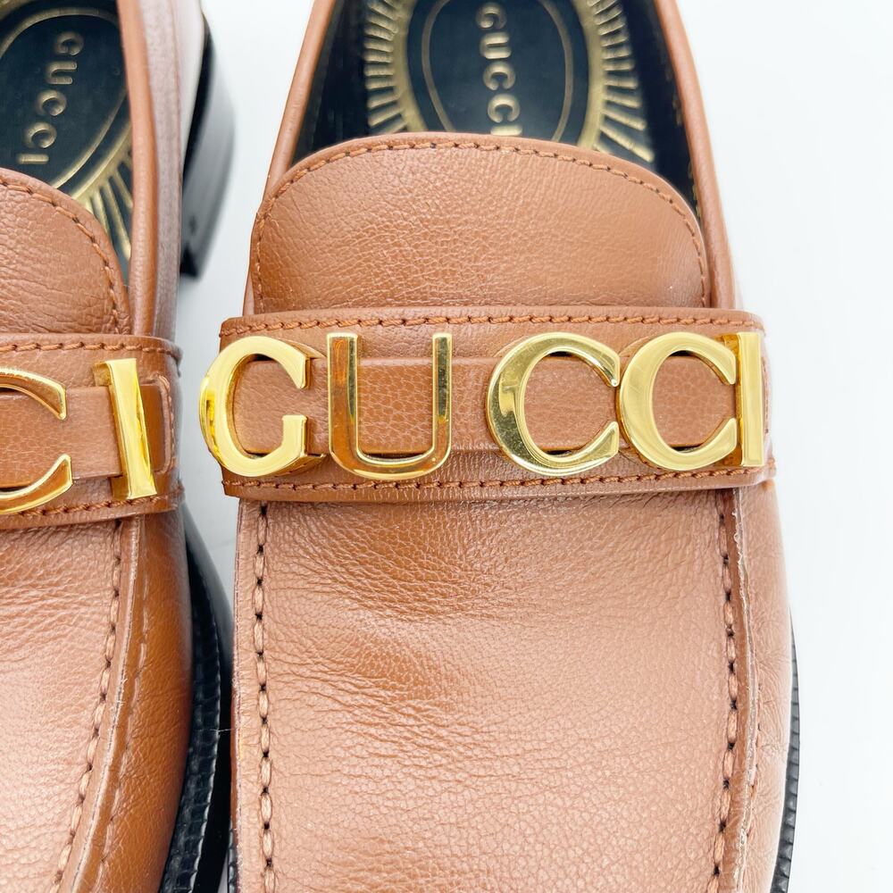 Gucci Cara Brown Pebbled Leather Gold Logo Hardware Loafers EU 38 - Picture 7 of 12